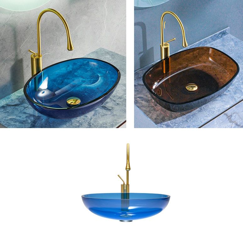 Modern Bathroom Sink Glass Oval-Shape Vessel Bathroom Sink with Pop-Up Drain