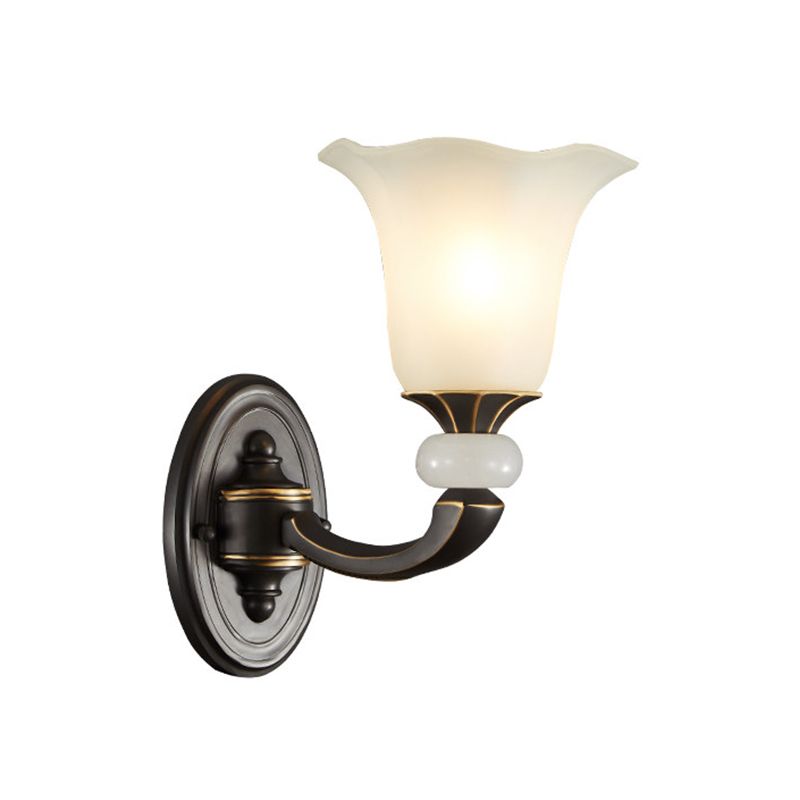 Antiqued Flower Up Wall Light Fixture 1/2-Light Frosted Glass Wall Mounted Lamp in Black and Gold