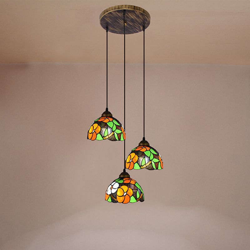 Dome Shade Stained Art Glass Multi Light Pendant Vintage 3 Bulbs Orange Hanging Lighting