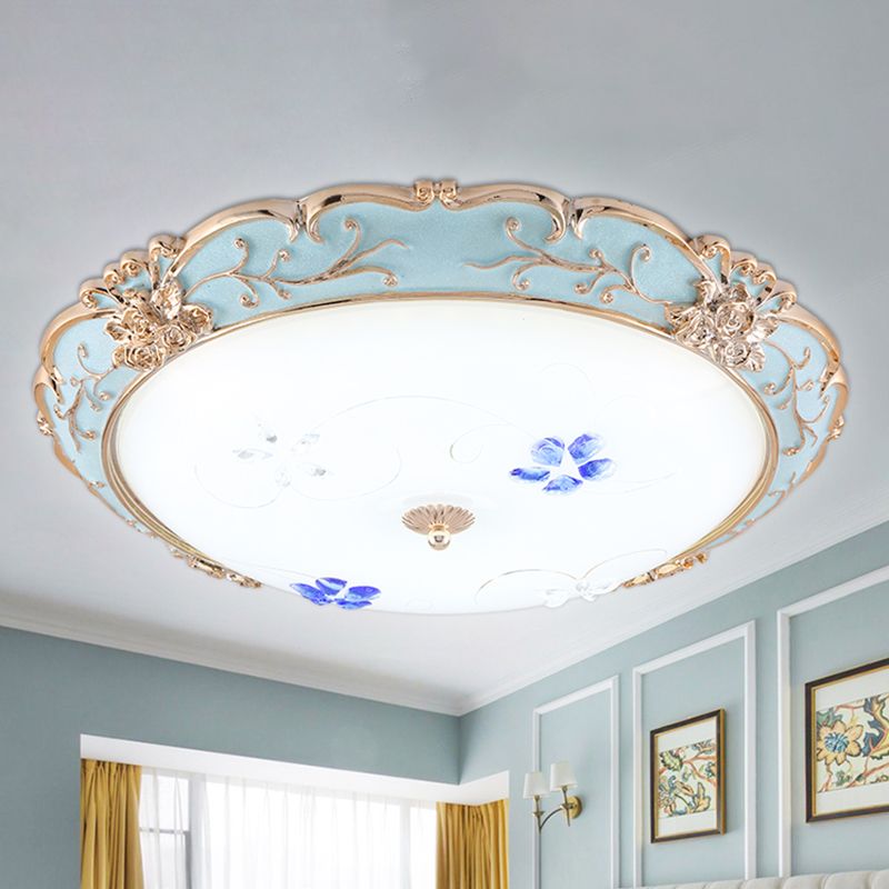 13"/16"/19.5" Wide LED Flush Mount Light with Floral Shade Opaque Glass Vintage Bedroom Ceiling Lighting in Light Blue, Warm/White Light
