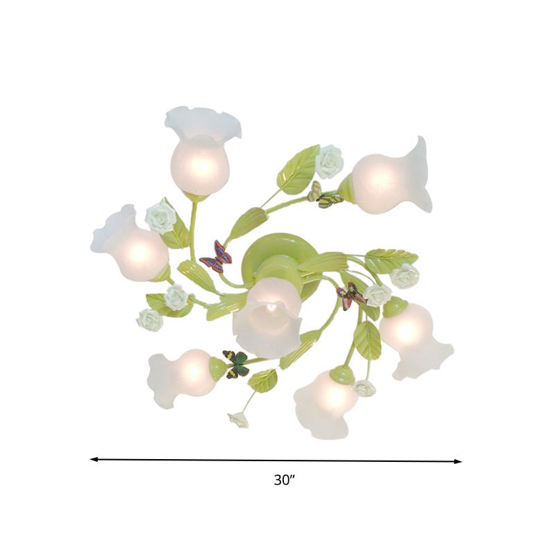 Green 7 Lights Semi Flush Light Pastoral Frosted Glass Floral Ceiling Mount Chandelier for Bedroom