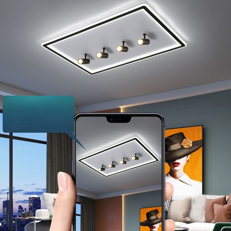 Black New Modern LED Flush Mount Rectangular Living Room Ceiling Light Fixture with 4 Spotlights