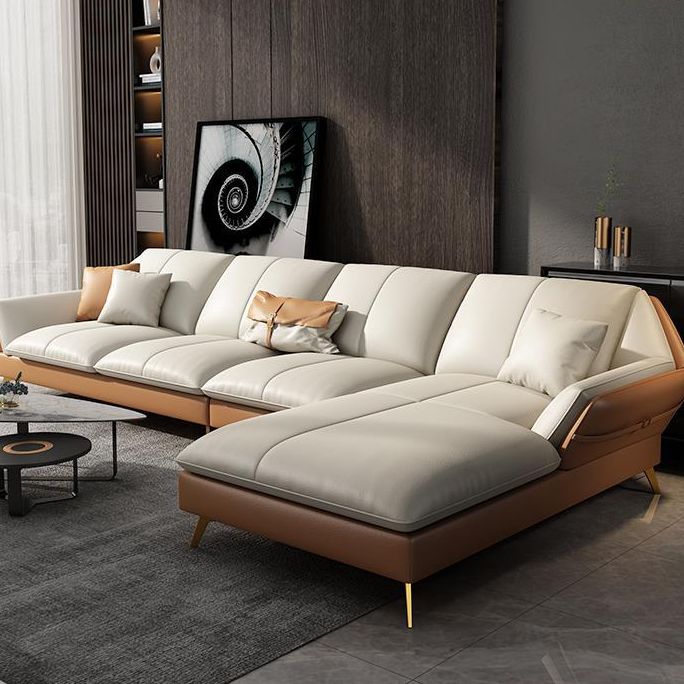 32"H Glam Sectional Sofa White Leather Cushion Back Sleeper Sectional