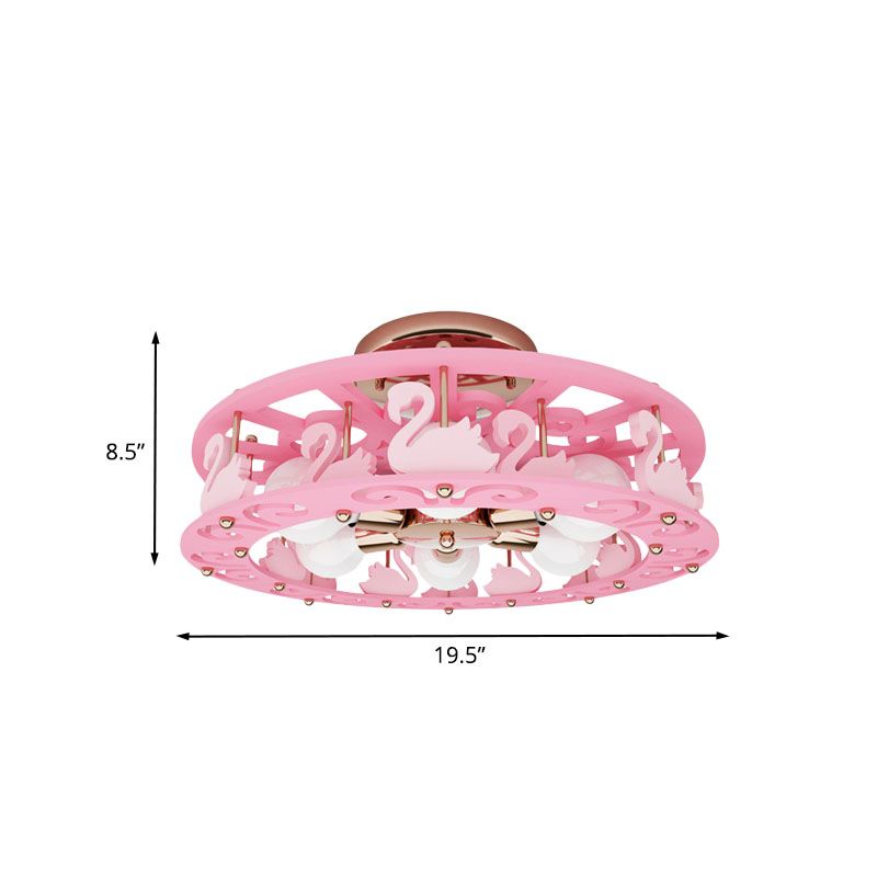 Metal Drum Semi Mount Lighting Kids 6 Lights Pink Flush Light Fixture with Bird/Angel Decoration