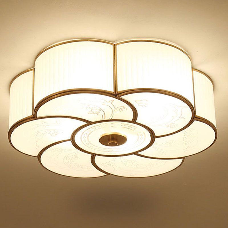 Lámpara de techo de cobre estilo retro colonial con montaje empotrado de vidrio blanco para dormitorio