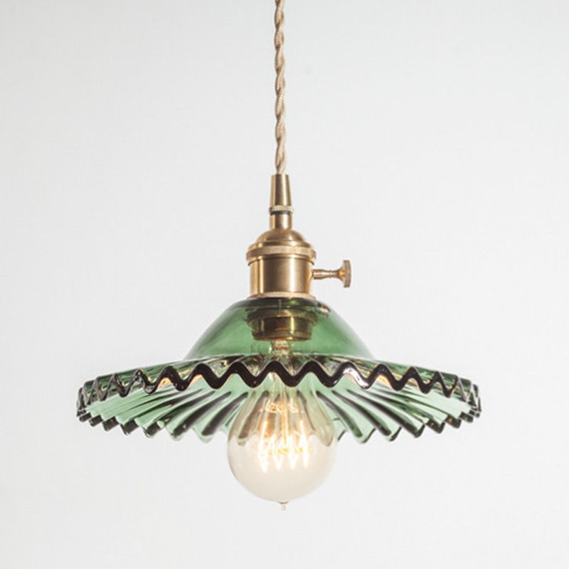 Scalloped Glass Shade Hanging Ceiling Light Vintage Industrial 1-Light Living Room Drop Pendant