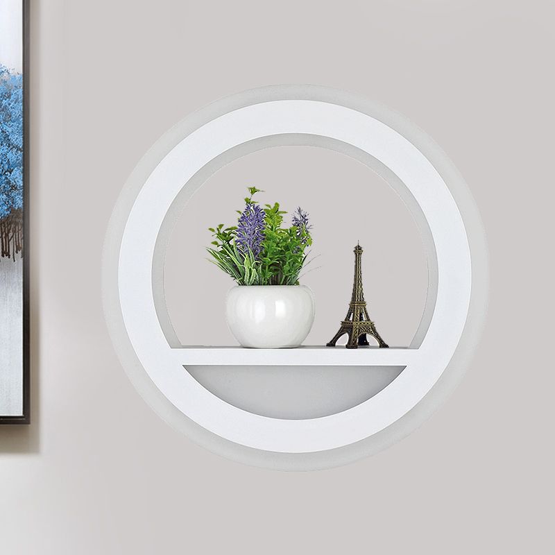 Acrylic Halo Ring Wall Lighting Nordic White LED Sconce Light Fixture in White with Shelf Design