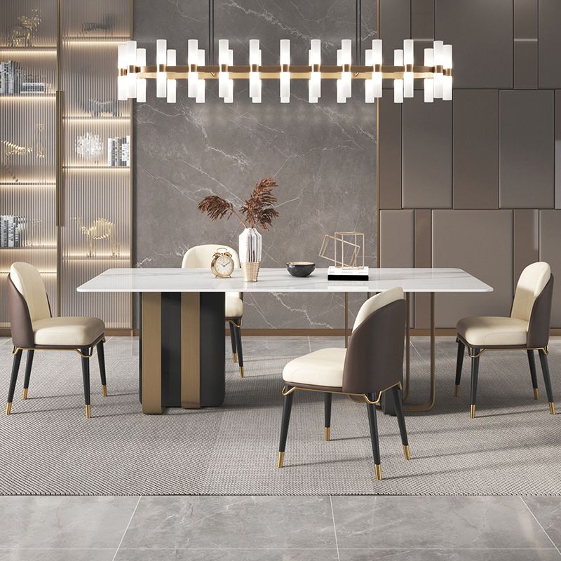 Mesa de comedor rectangular de piedra sinterizada de lujo para interiores con pedestal doble