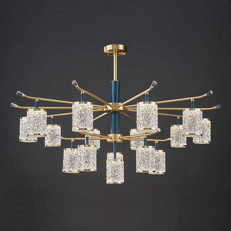 Diner Chandelier Modern Brass Pendant Light with Cylindrical Rippled Glass Shade