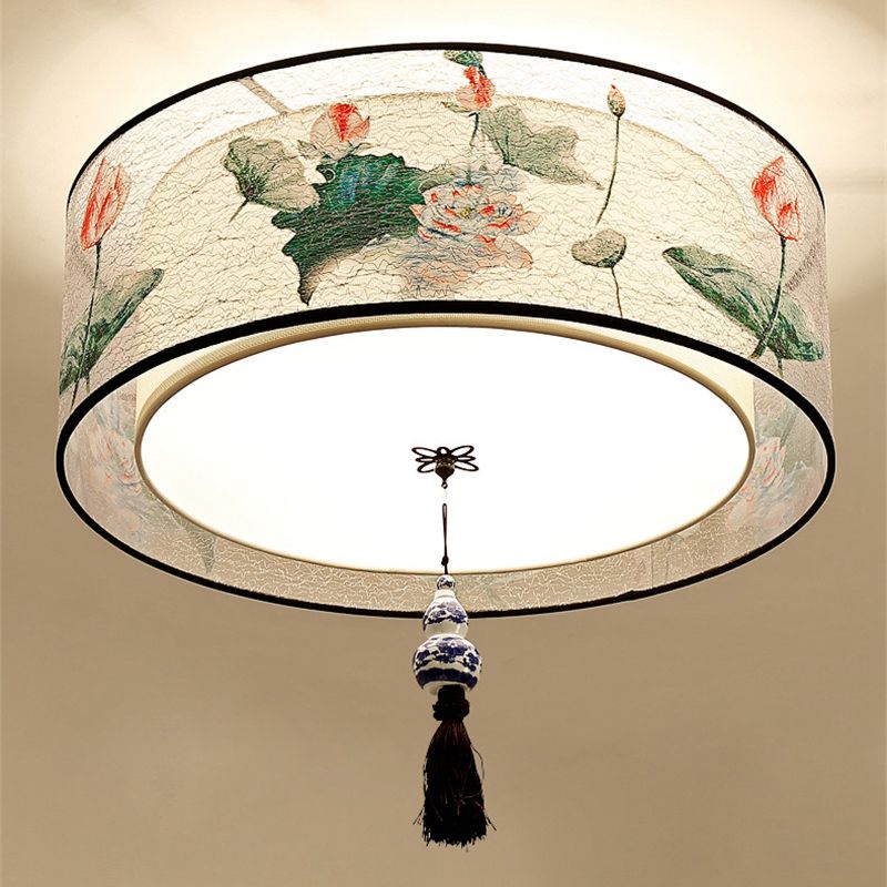 Traditional Classic Geometric Flush Mount Wrought Iron Indoor Ceiling Light with Fabric Shade