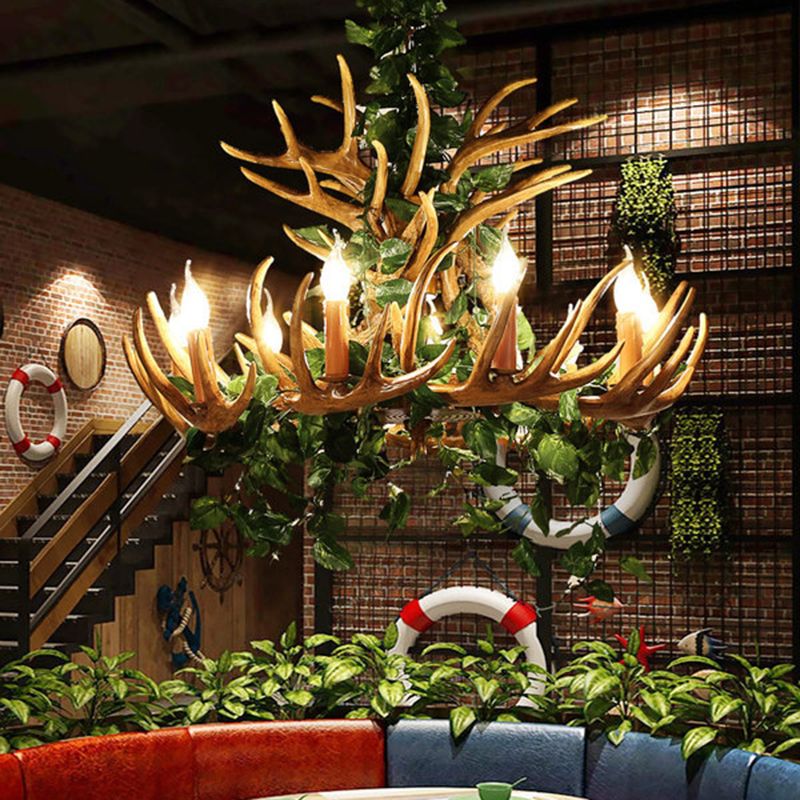 Candle Living Room Hanging Lamp Rustic Resin 4/6/12 Bulbs Pink/Green Chandelier Pendant Light