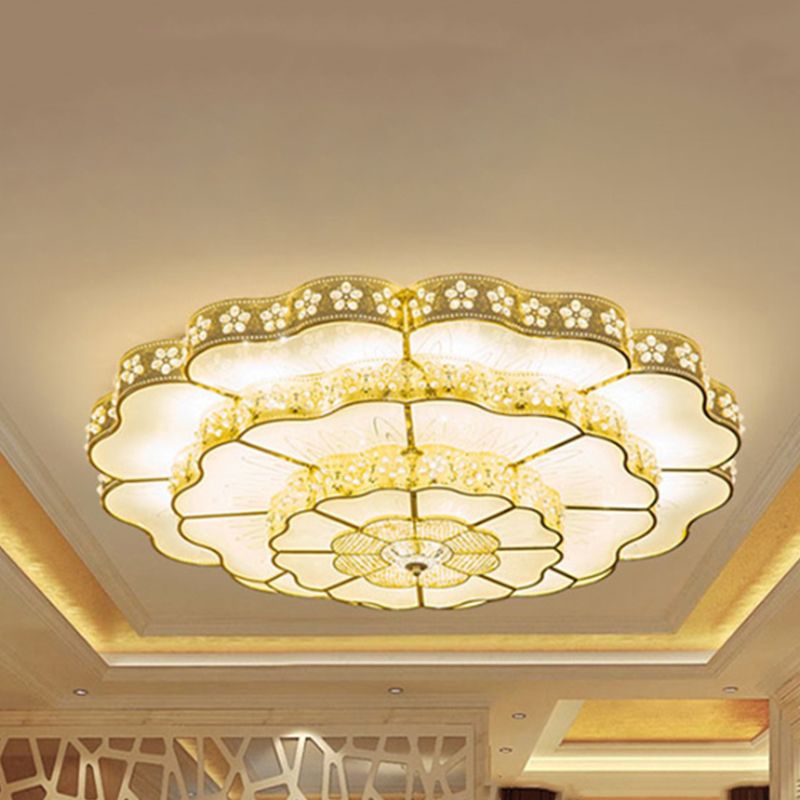 LED Flush Mount Fixture Contemporary Bedroom Ceiling Lamp with Flower Crystal Shade in Gold