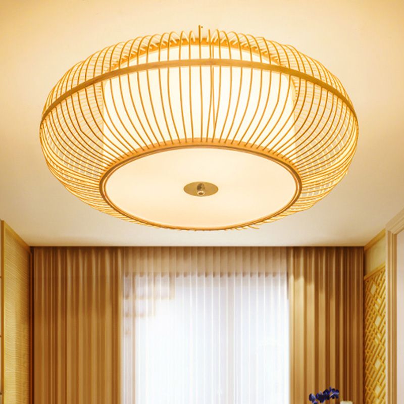 1 Head Bedroom Flush Light Asian Beige Ceiling Mounted Fixture with Donut Bamboo Shade