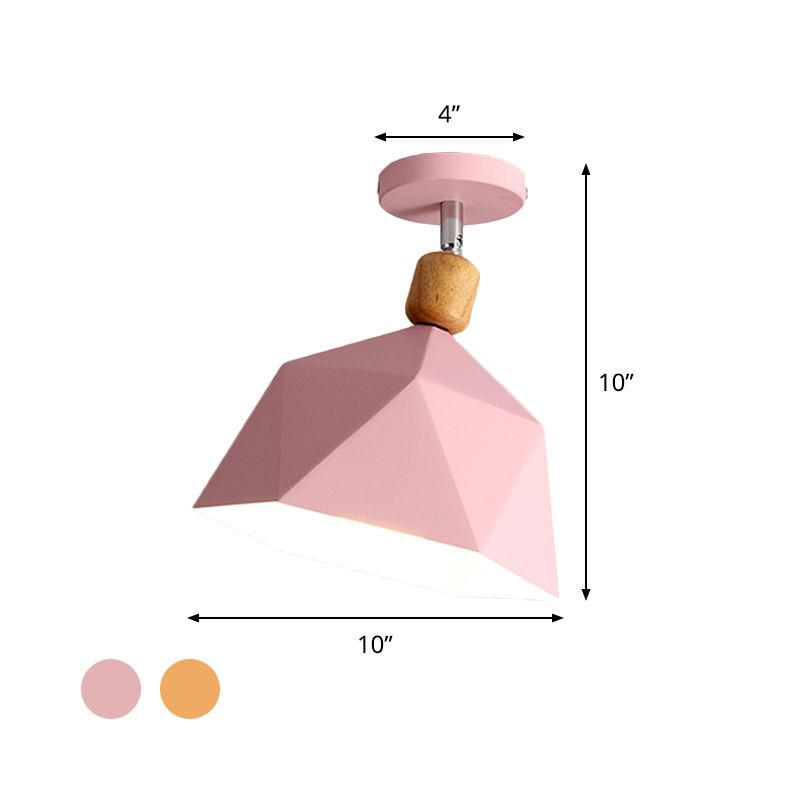 Pivot Shade Faceted Dome Flush Light Macaron Metal Single Apartment Semi Flush Mount Ceiling Fixture in Pink/Gold-Wood