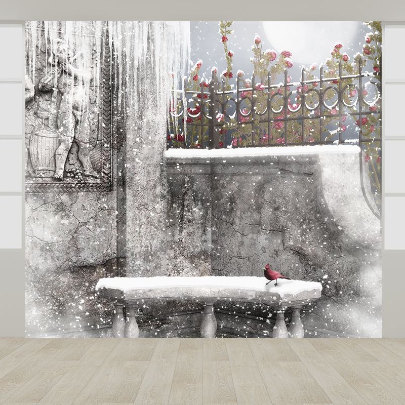 Gray Modern Mural Wallpaper Huge Yard Snow-Covered Landscape Wall Decor for Dining Room