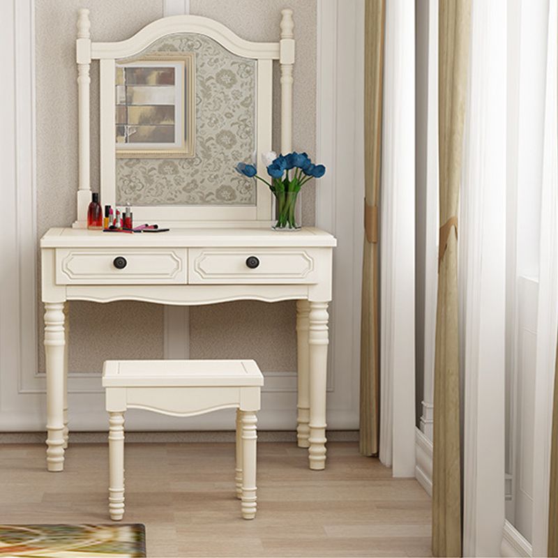 Traditional Mirrored Vanity Set Wood Dresser with 2 Drawers and Stool