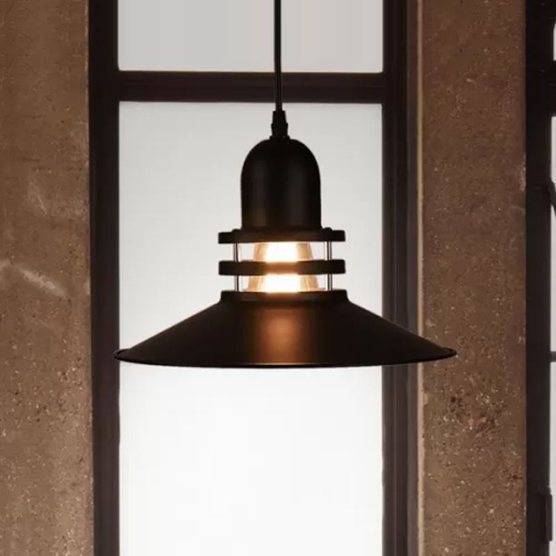 Saucer Dining Table Pendant Lamp Industrial Iron 1-Bulb Black Suspension Lighting with Cutout Design