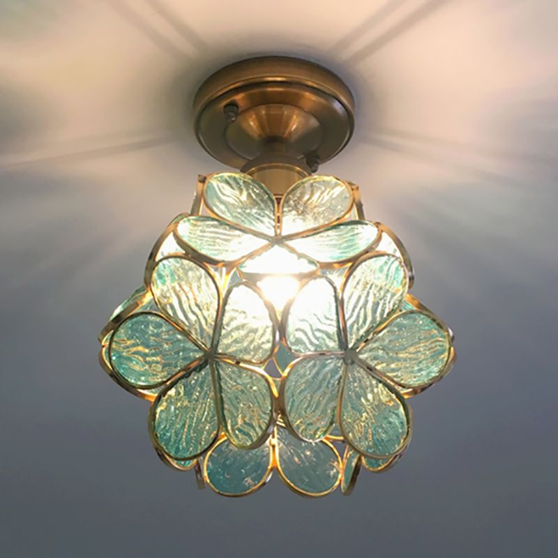1 Light Pink/Blue/Green/Clear Floral Ceiling Light Fixture Retro Style Stained Glass Flushmount Light for Hallway