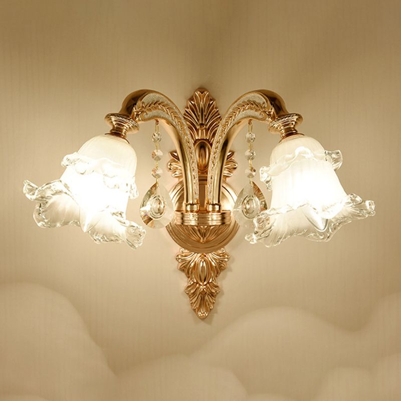 Gold Floral Wall Light Fixture Vintage Glass Living Room Wall Mounted Lamp with Crystal Accent