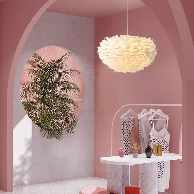 Feather White Hanging Lamp in Modern Style Round Shaped Indoor Pendant Light