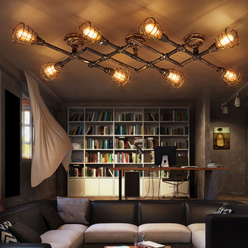 Industrial Intersecting Piping Ceiling Light 4/5/8 Heads Iron Semi Flush Mounted Light with Cage Guard in Brass