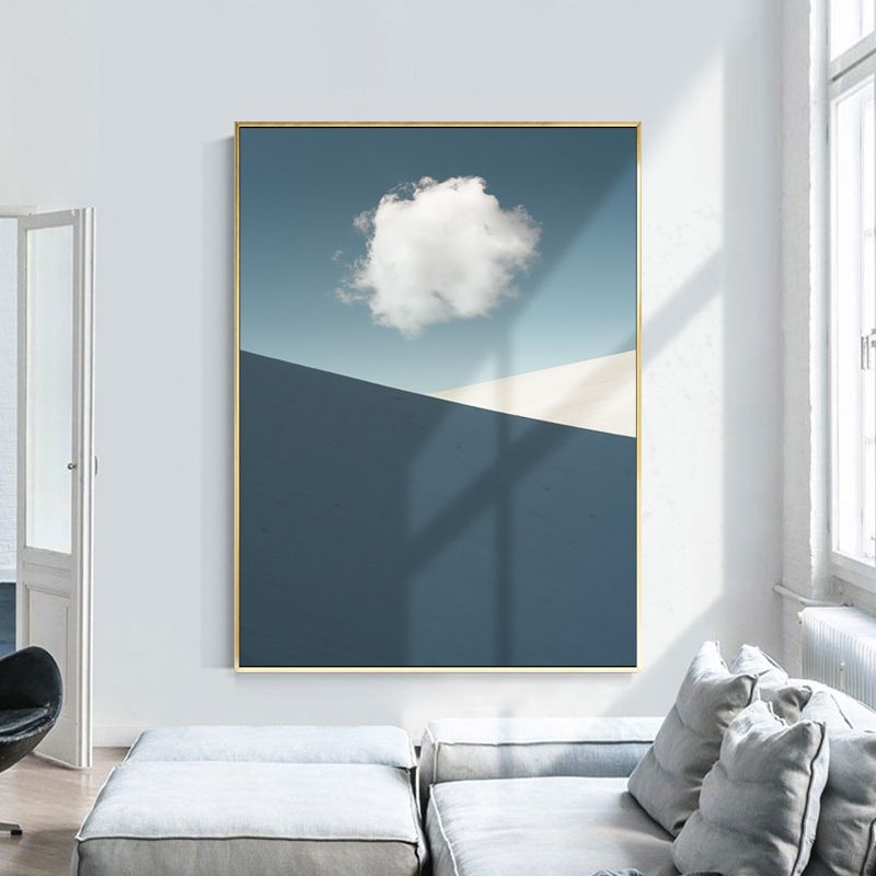 Mixed Media Nordic Wall Art Print with Cloud and Mountains Pattern in Blue-White