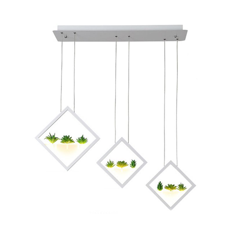 Witte 3-rhombus Suspensie Licht Modernisme Led Acryl Cluster Pendant Lamp met Plant Deco in warm/wit licht
