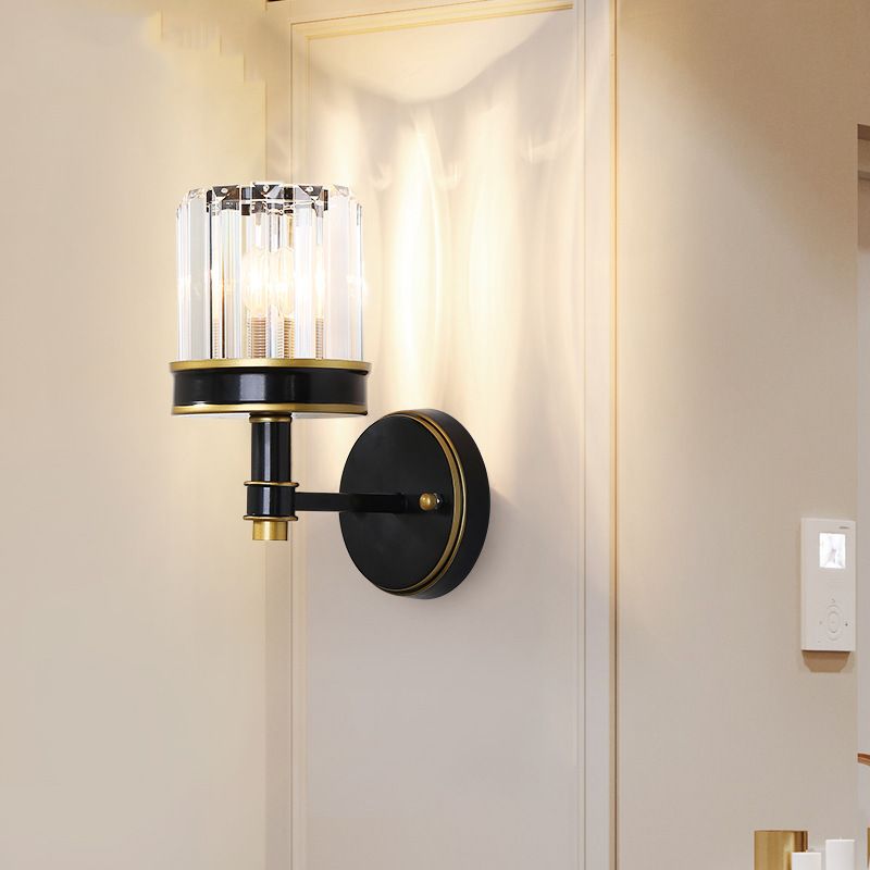 Crystal Cylinder Wall Light Modern 1 Light Flush Mount Wall Sconce in Black for Hallway