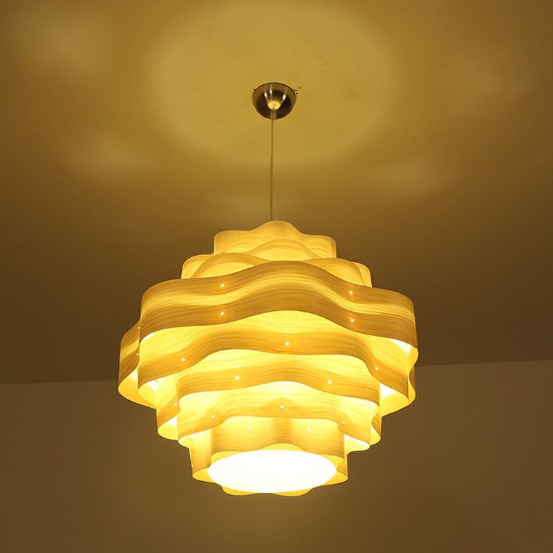 Modern Wavy Shade Pendant Lighting Wood Veneer 1 Bulb Restaurant Hanging Lamp Kit