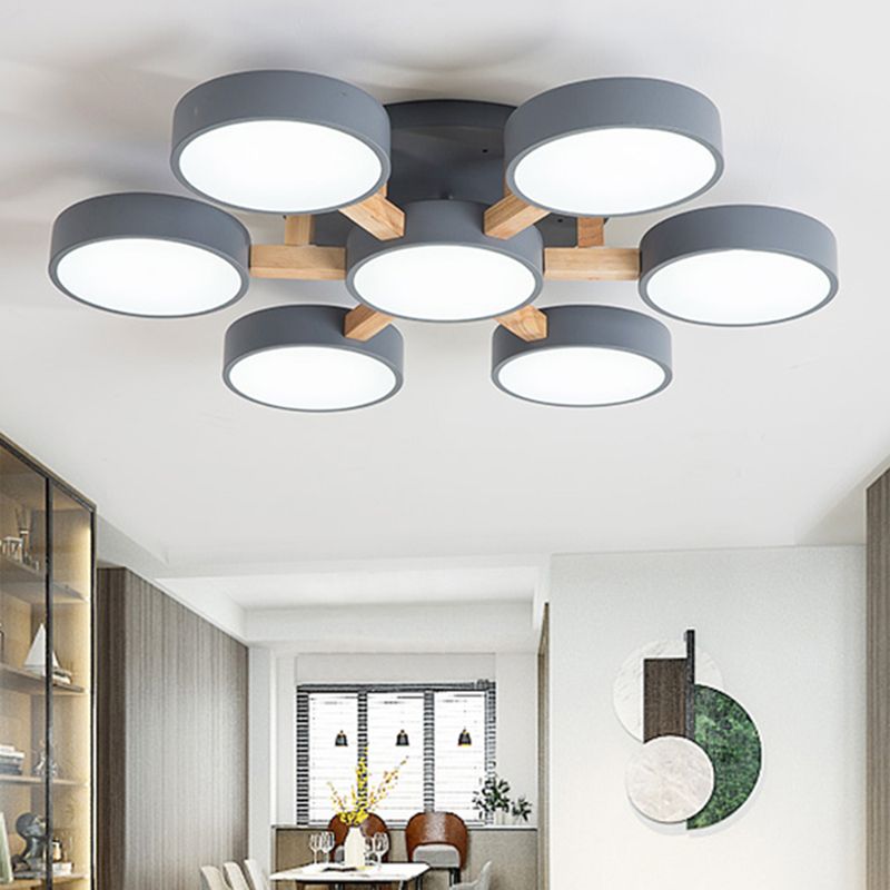 Nordic Round Ceiling Light Wood Macaron LED Flush Mount Light for Living Room