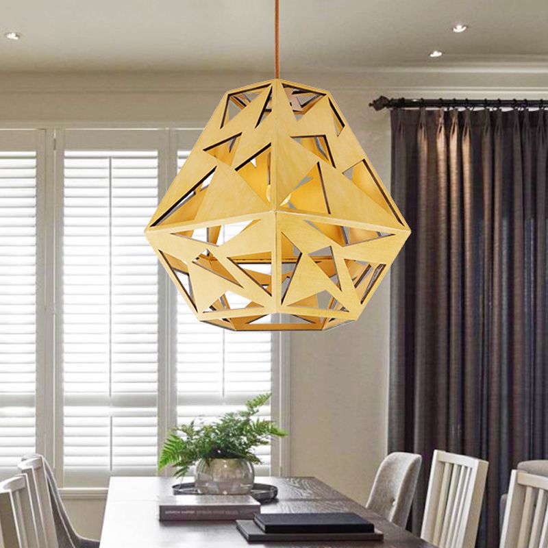 Triangle Cutout Hanging Light Fixture Asia Wood 1 Bulb Dining Room Ceiling Suspension Lamp in Beige