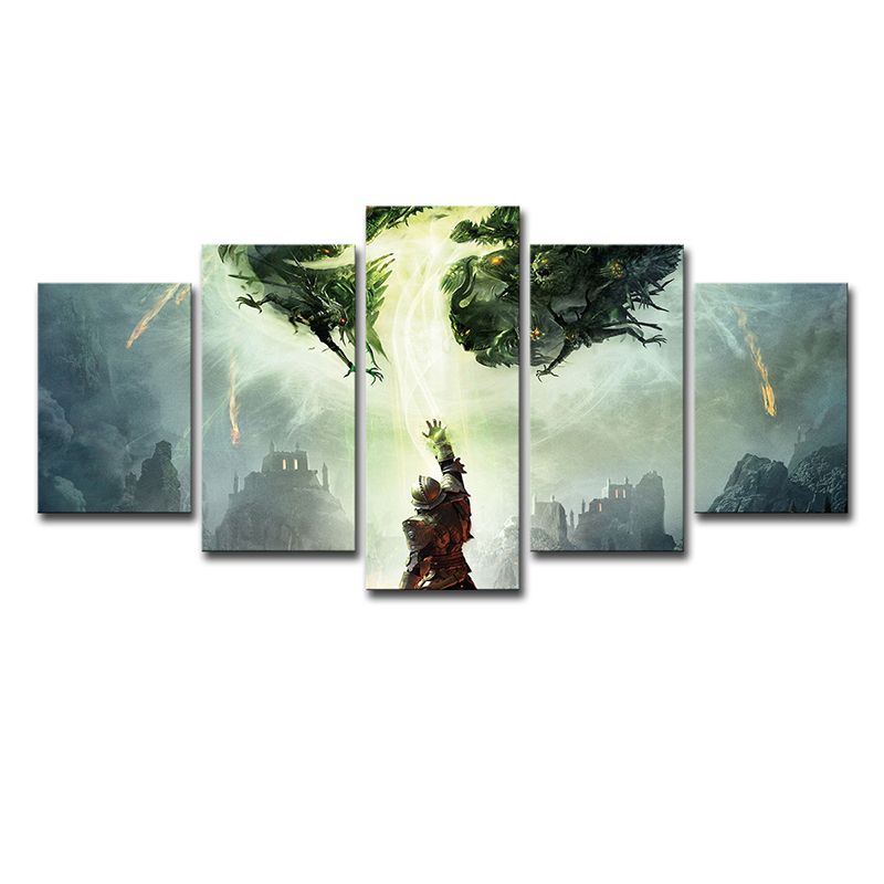Fantasy Dragon Canvas Art Kids Style Multi-Piece Wall Decoration in Green for Home