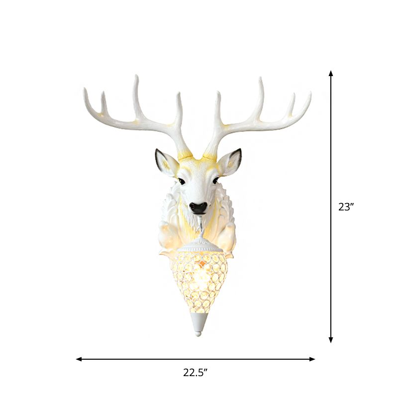 Country Oval Wall Mounted Lamp Single Light Beveled Crystal Wall Lighting Idea with Deer Head Design in White