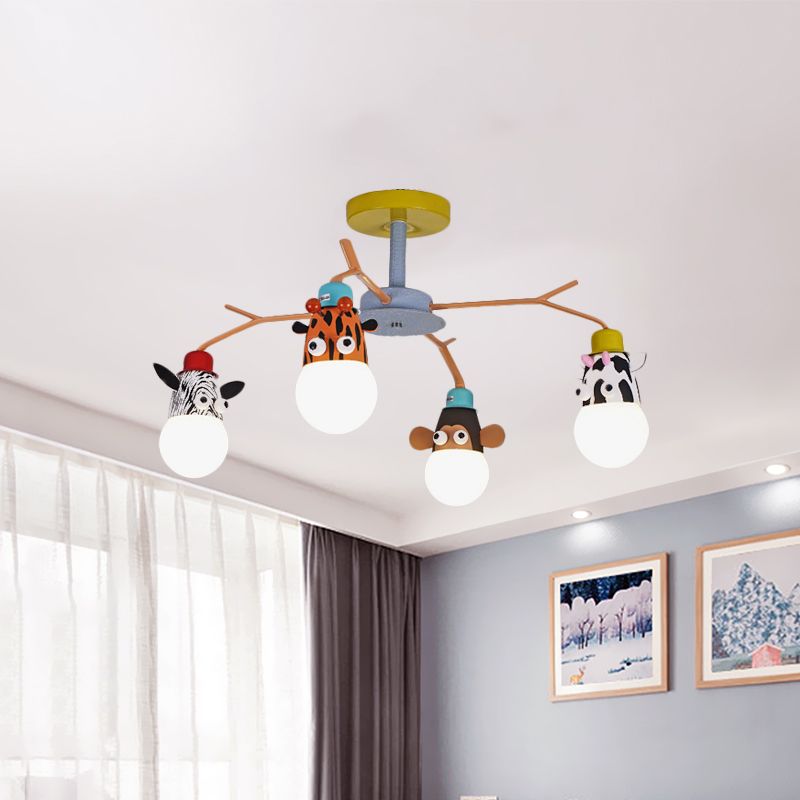 White Glass Animal Ceiling Light Kids 4 Bulbs Yellow Semi Flush Mount Lighting for Nursery