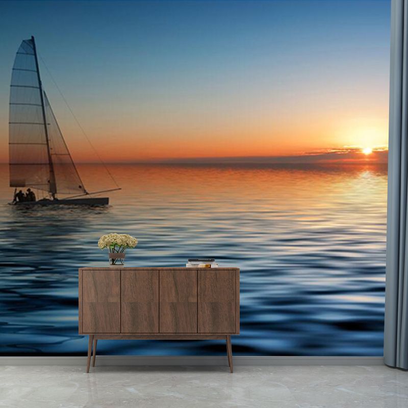 Personalized Photography Tropix Murals with Boat in the Sea at Sunset Pattern in Blue