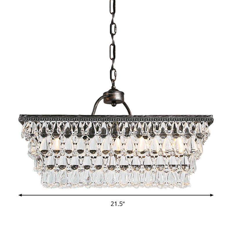 Silver Rectangle Hanging Ceiling Light Modernism Teardrop Crystal 4/6 Heads Living Room Island Light