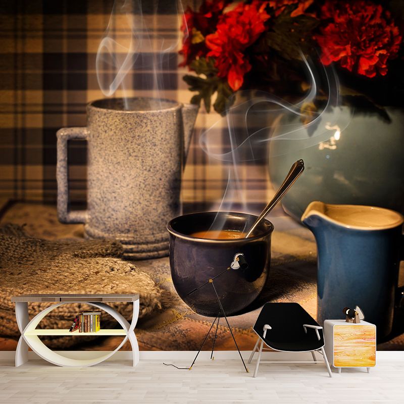 Coffee Mural Wallpaper Contemporary Mildew Resistant Commerce Shop Decoration