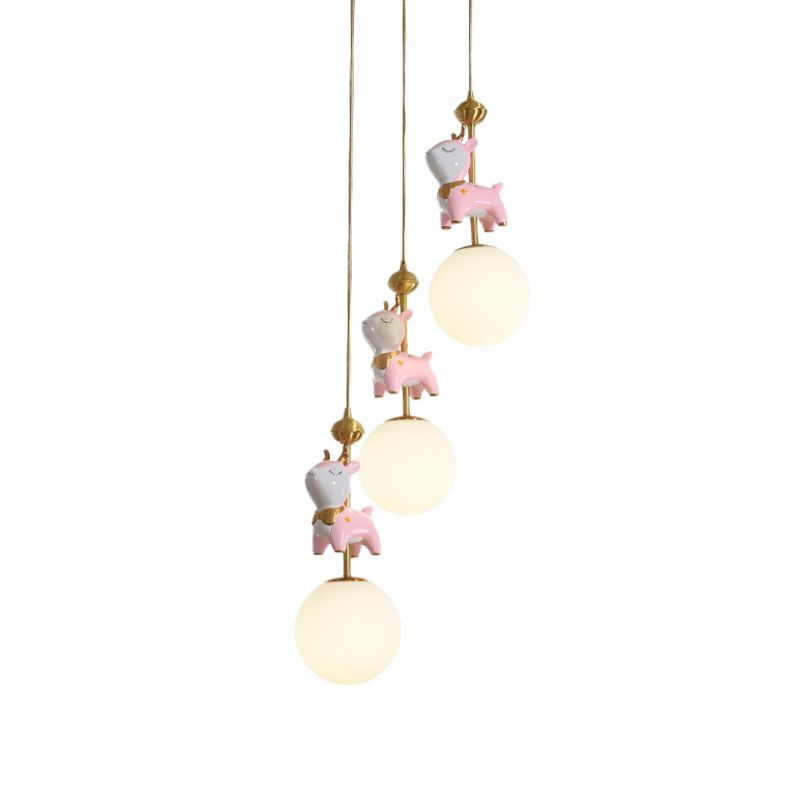 Cartoon Deer Cluster Ball Anhänger Creme Glas 3-Kopf-Kinderzimmer Hanging Deckenleuchte in Pink