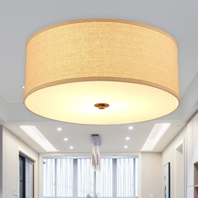 1 Bulb Dining Room Ceiling Lamp Minimalist Flaxen Flushmount with Drum Fabric Lampshade