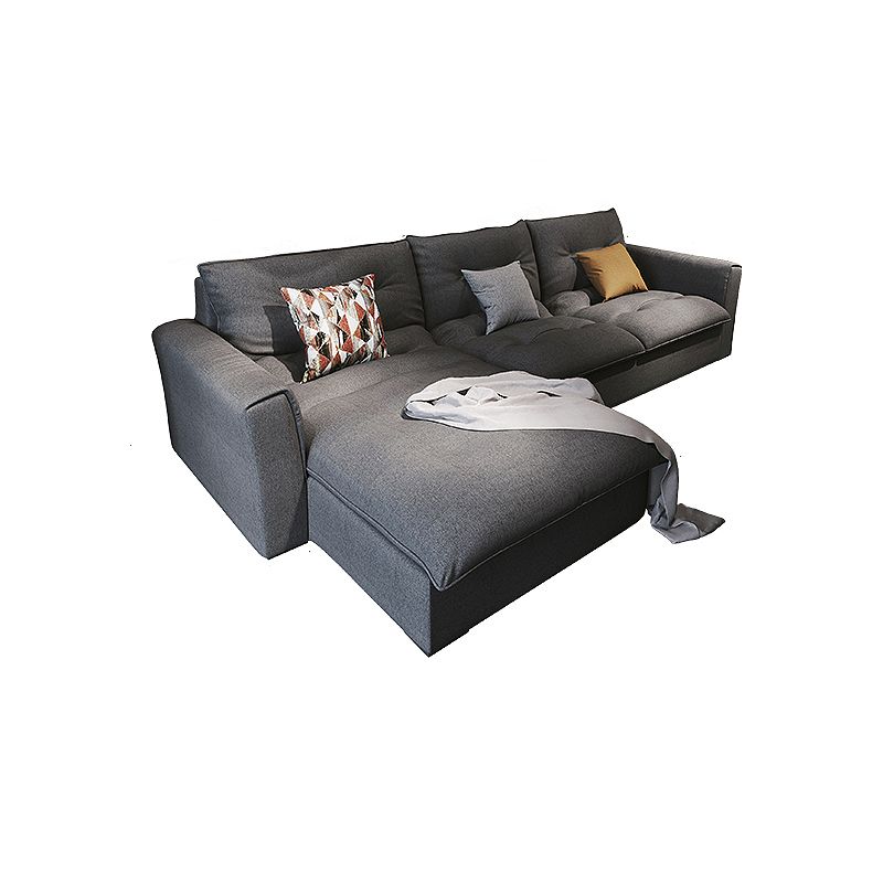 Modern Square Arm Sectional Gray Linen Sofa and Chaise for Apartment
