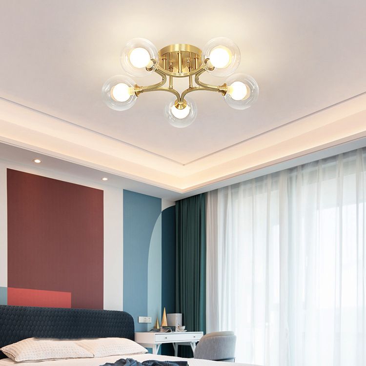 Sphere Bedroom Semi Flush Mount Light Glass Nordic Style Ceiling Light in Gold