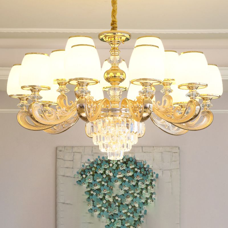 Barrel White Frosted Glass Chandelier Lighting Classic Bedroom Pendant Light with Tiered Crystal Accent