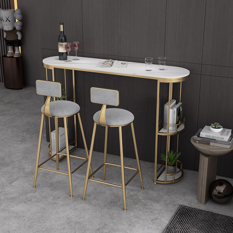 Glam White Stone Bar Dining Table Oval Indoor Bistro Table with Shelve