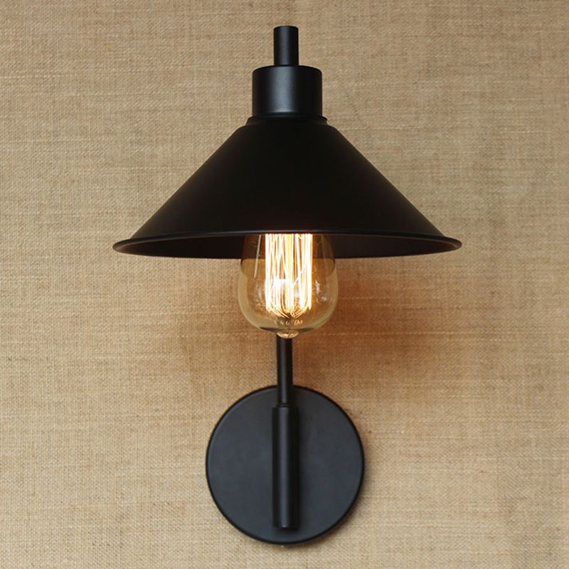 Conical Bedside Reading Light Retro Metal 1-Light Black Wall Mounted Lamp with Rolled Edge