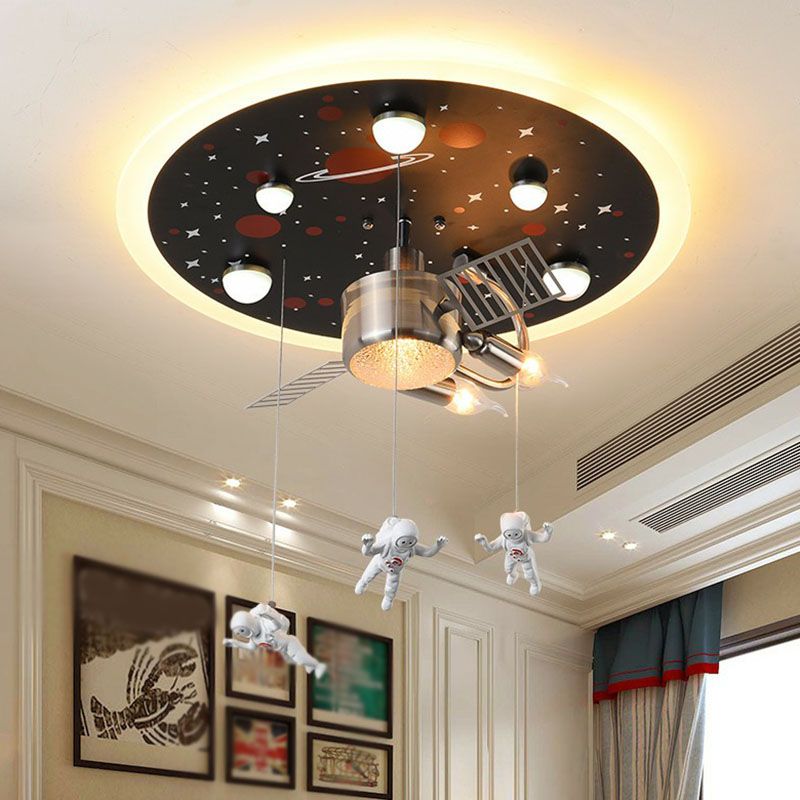 Metallic Space Ship Flush Mount Lighting Kids Style LED Flush Mount with Astronaut Decor in Black
