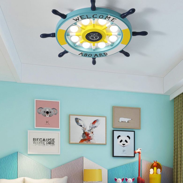 Children's Room Ceiling Light Creative Boy Bedroom Mediterranean Style Ocean Cartoon Wooden Pirate Ship Rudder Energy-saving Lamps