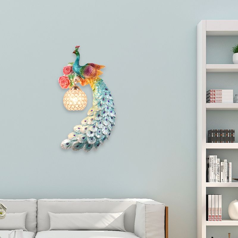 1/2-Pack Blue/Green Peacock Wall Light Fixture 8"/10" Wide 1 Head Retro Style Resin Wall Lamp with Crystal Global Shade, Left/Right