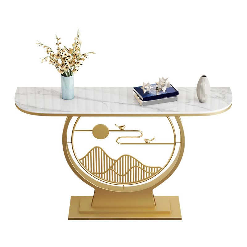 31.49" High Stone Console Table Half Moon Accent Table with Iron Frame