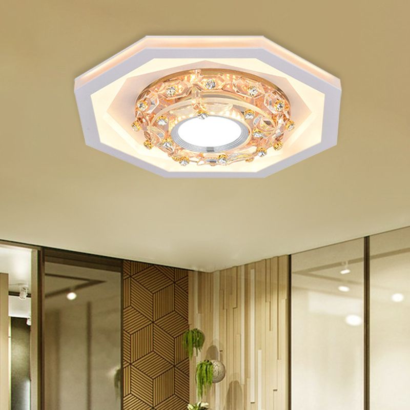 Octagon Small Foyer Ceiling Fixture Simple Acrylic White LED Flush Mount Lighting with Inserted Crystal