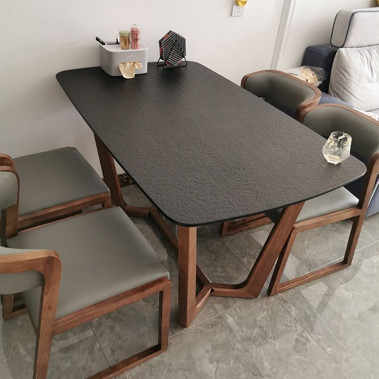 Modern Rectangle Stone Dining Table Ash Wood Base for Dining Room